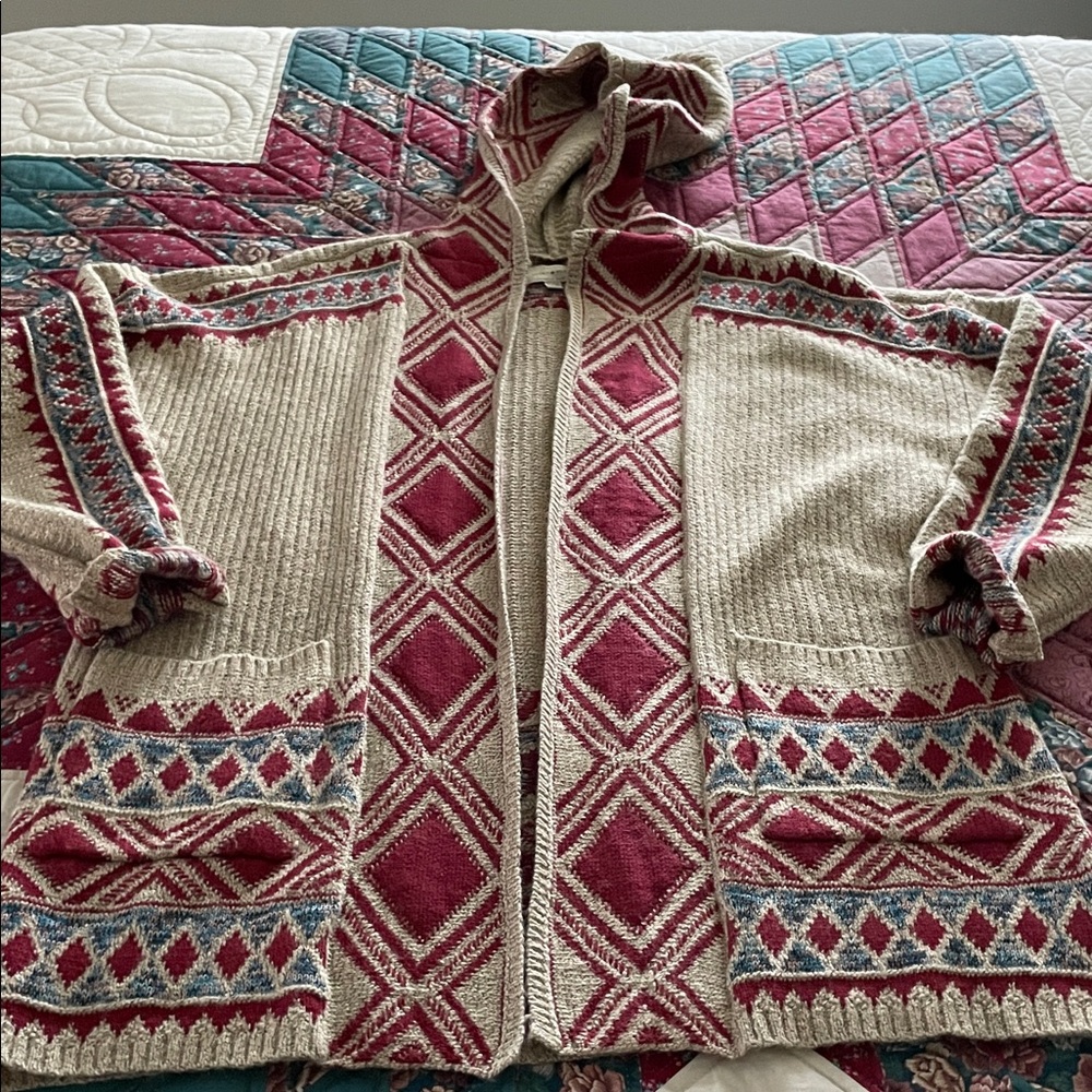 Lucky Brand Red and Cream Hooded Cardigan